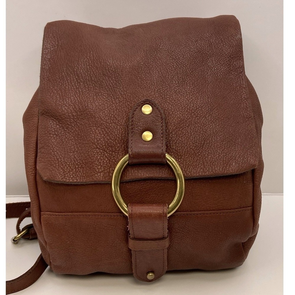 Tannery‎ West Leather Backpack Brass Ring Brown Flap Canvas Lined Medium